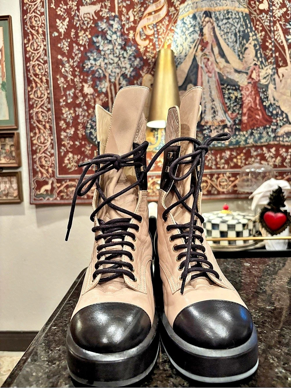 RARE Authentic Chanel Quilted CC Logo Lace-Up Boots Beige & Black EU 37 - Picture 3 of 10